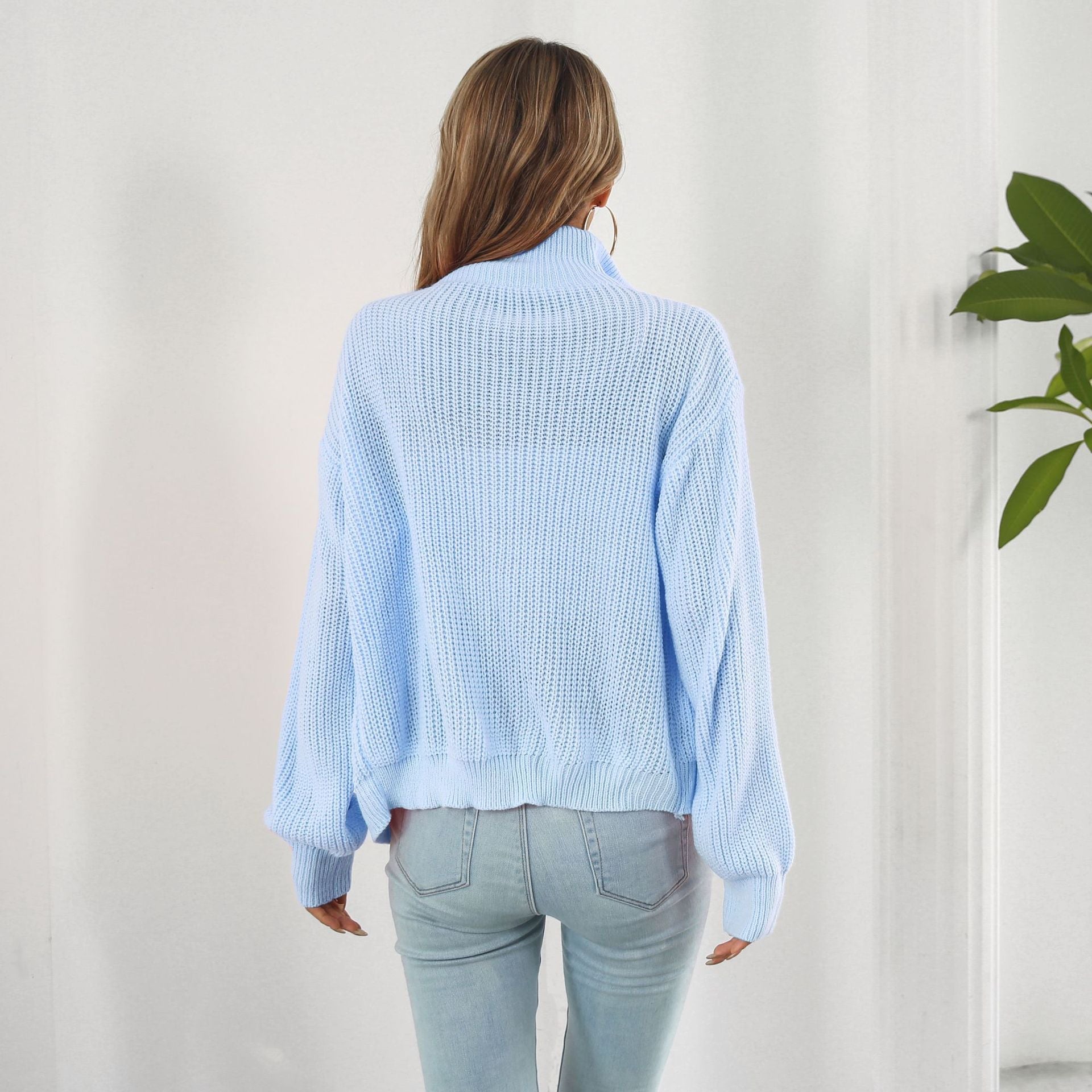 Damen lässiger Strickpulli mit hohem Kragen und Reißverschluss R&B