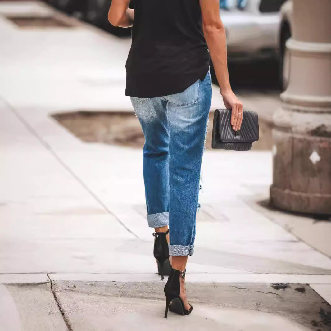 Damen Destroyed Boyfriend Jeans im lässigen Stil mit hohen Rissdetails R&B