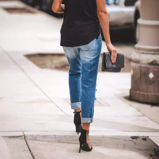 Damen Destroyed Boyfriend Jeans im lässigen Stil mit hohen Rissdetails R&B