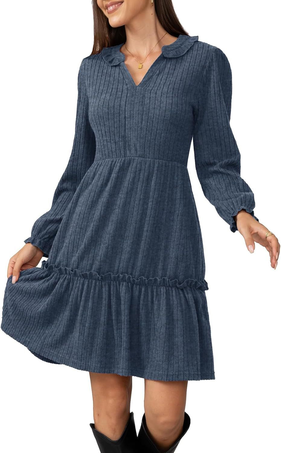 Damen Lockeres Freizeitkleid mit Rüschendetails und eleganter Knopfleiste R&B