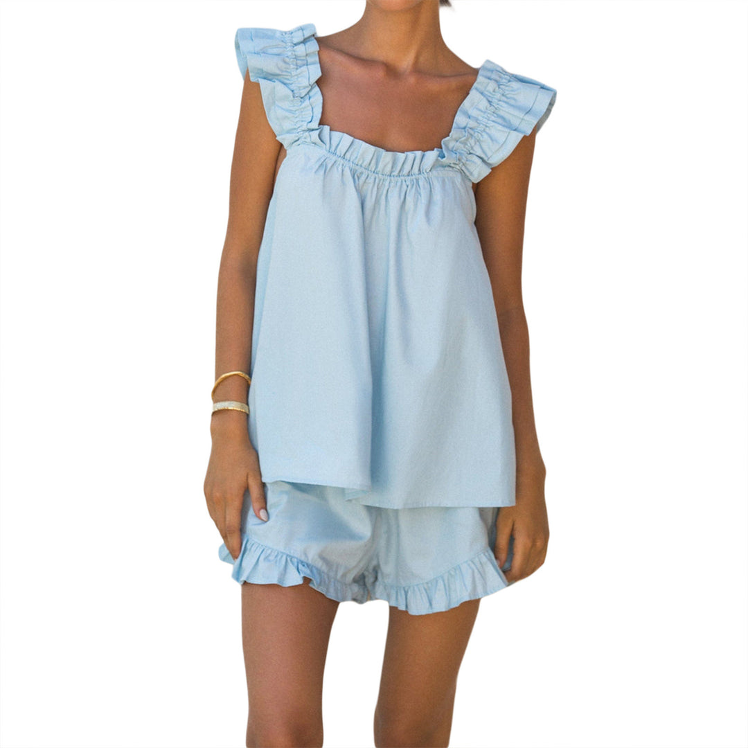 Damen luftiges Top mit Rüschendetails und lässigen Shorts R&B