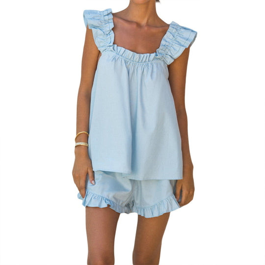 Damen luftiges Top mit Rüschendetails und lässigen Shorts R&B
