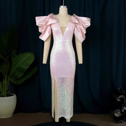 Damen Figurbetontes Glamour-Kleid mit schimmerndem Stoff und voluminösen Ärmeln R&B