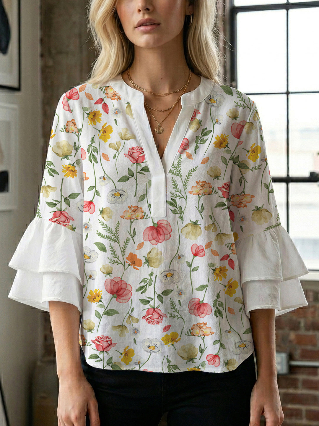 Damen Bluse mit voluminösen Ärmeln und floralem Design R&B