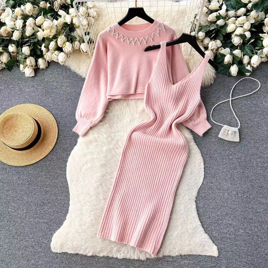 Damen Elegantes Strickkleid mit raffinierter Ribstruktur und stylischem Crop-Pullover R&B