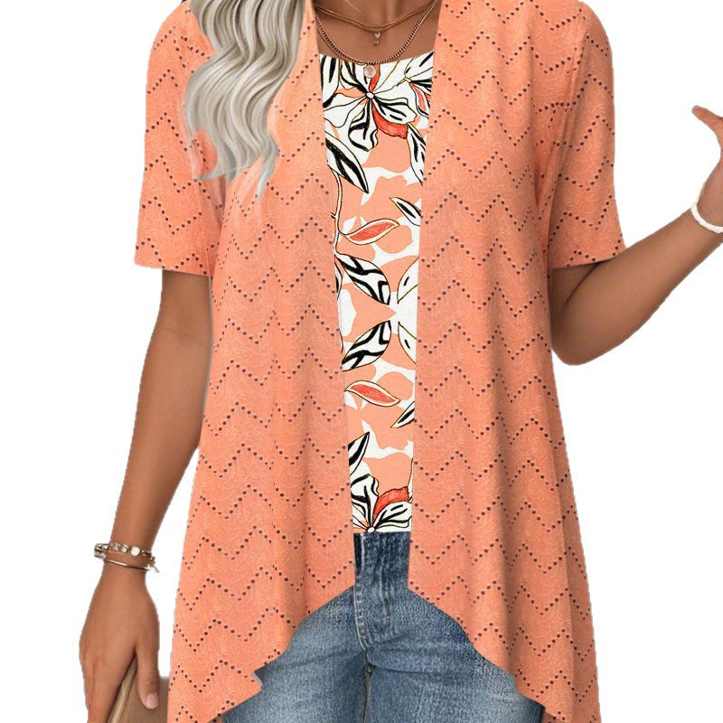 Damen nan Ajourstrick-Cardigan mit asymmetrischem Zipfelsaum und kurzen Ärmeln R&B