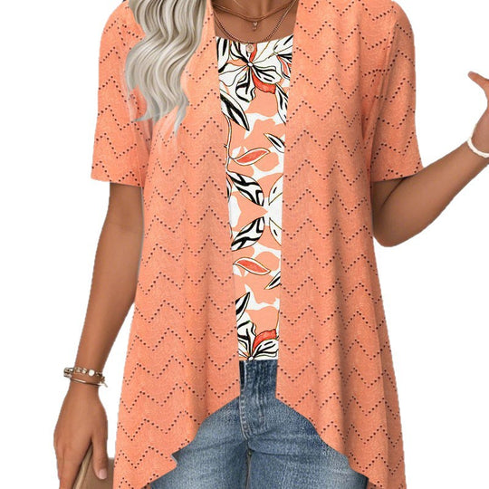 Damen nan Ajourstrick-Cardigan mit asymmetrischem Zipfelsaum und kurzen Ärmeln R&B