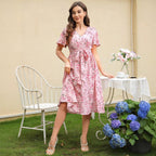 Damen Blütenmuster Wickelkleid mit Taillengürtel R&B