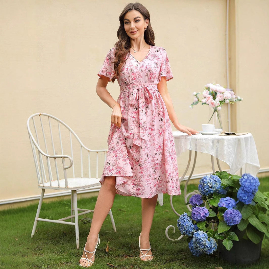 Damen Blütenmuster Wickelkleid mit Taillengürtel R&B