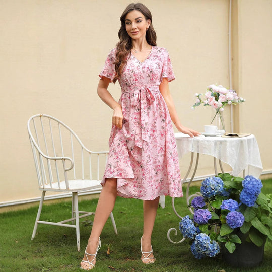 Damen Blütenmuster Wickelkleid mit Taillengürtel R&B