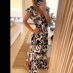 Damen Maxikleid mit voluminösen Ärmeln und elegantem V-Ausschnitt R&B