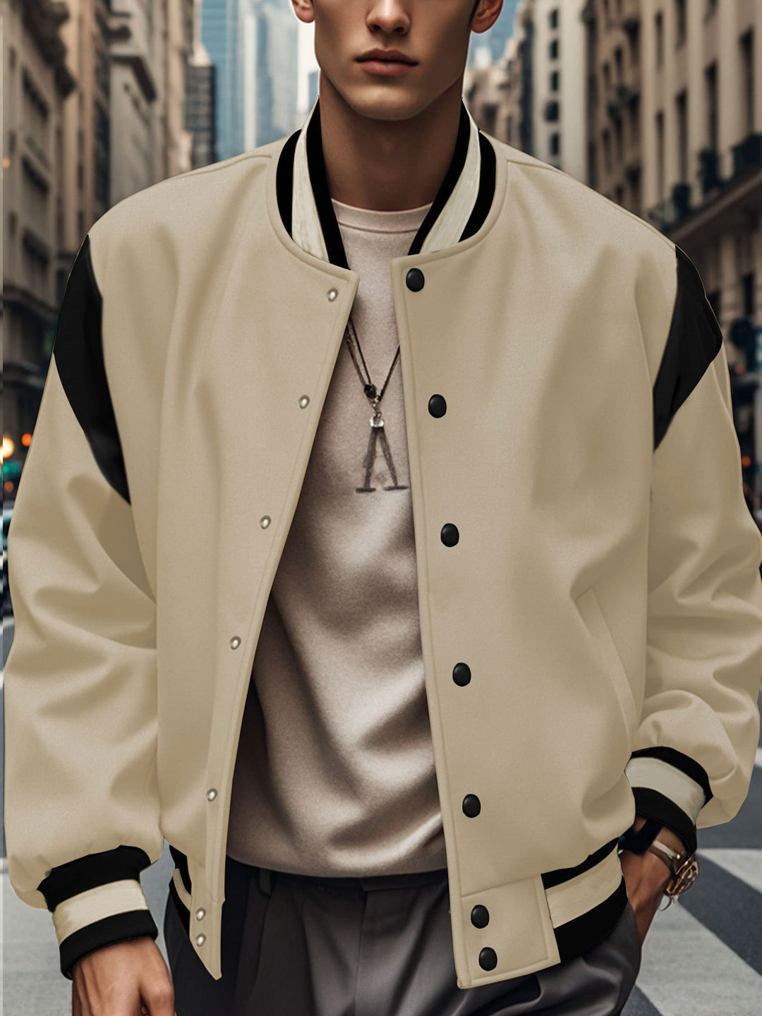 Herren nan leichte Collegejacke im Varsity-Look mit Druckknopfverschluss Rippbündchen und Kontrast-Schulterbesatz R&B