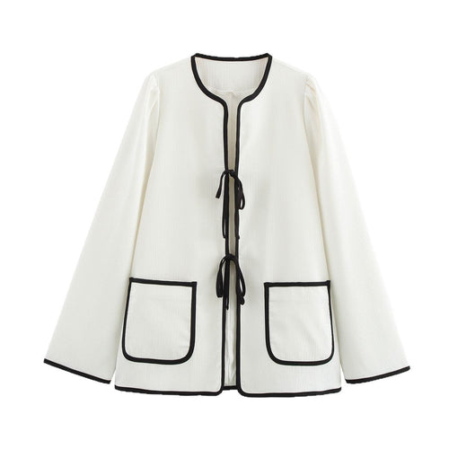 Damen modische Überziehjacke mit eleganten Binde-Details und praktischen Taschen R&B