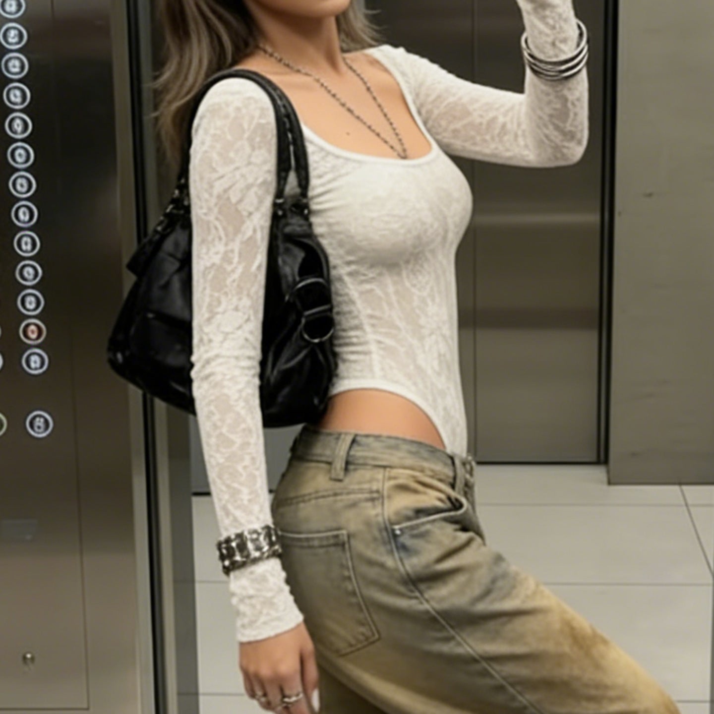 Damen Elegantes Spitzenshirt mit langen Ärmeln und romantischen Details R&B