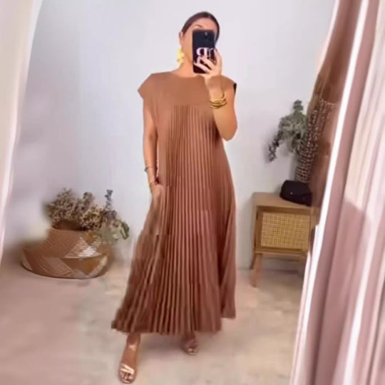 Damen nan fließendes plissiertes Maxikleid mit überschnittenen Schultern und Eingrifftaschen R&B