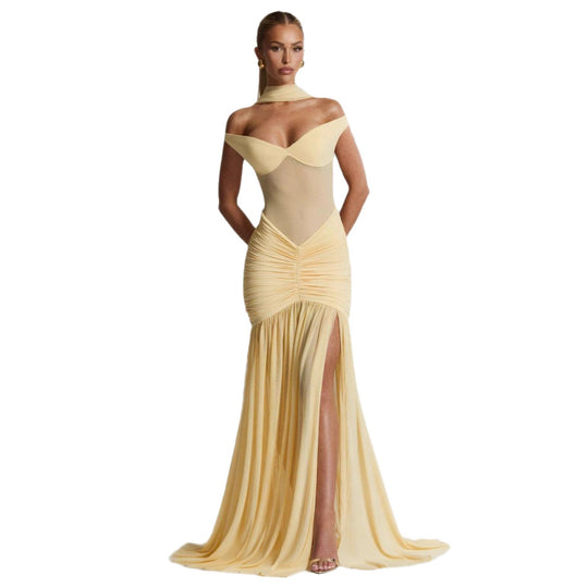Damen figurbetontes Abendkleid mit schulterfreiem Design und seitlichem Schlitz R&B