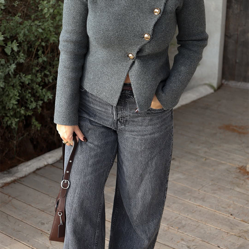 Damen Modische Wolljacke mit asymmetrischem Schnitt und eleganten Knopfdetails