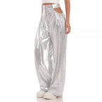 Damen High-Waist Baggy-Hose mit Cut-Out-Details und glänzendem Finish R&B
