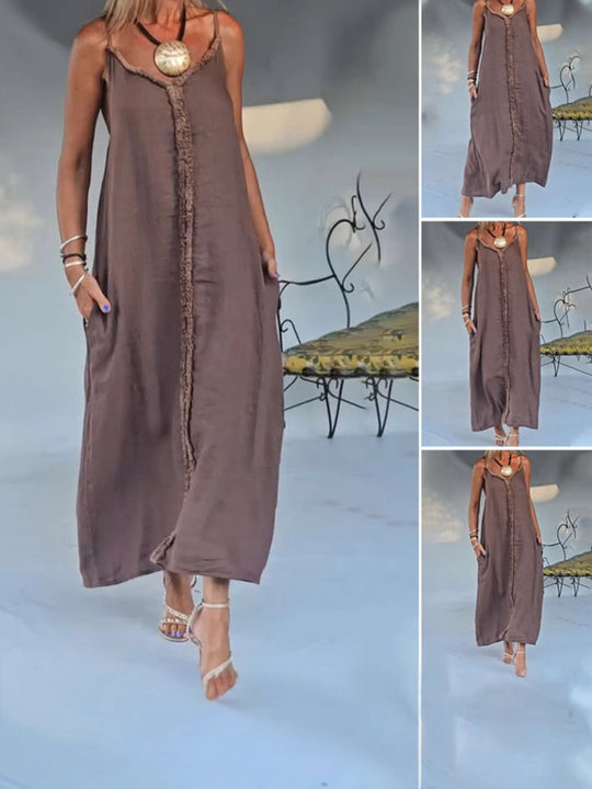Damen Maxikleid mit feinen Fransen und praktischen Seitentaschen Heidi-Mode