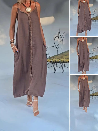 Damen Maxikleid mit feinen Fransen und praktischen Seitentaschen Heidi-Mode