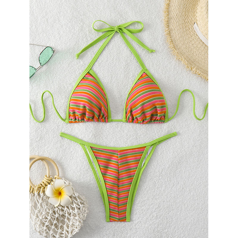 Damen Triangel-Bikini mit verstellbaren Bändern und fröhlichem Streifenmuster R&B