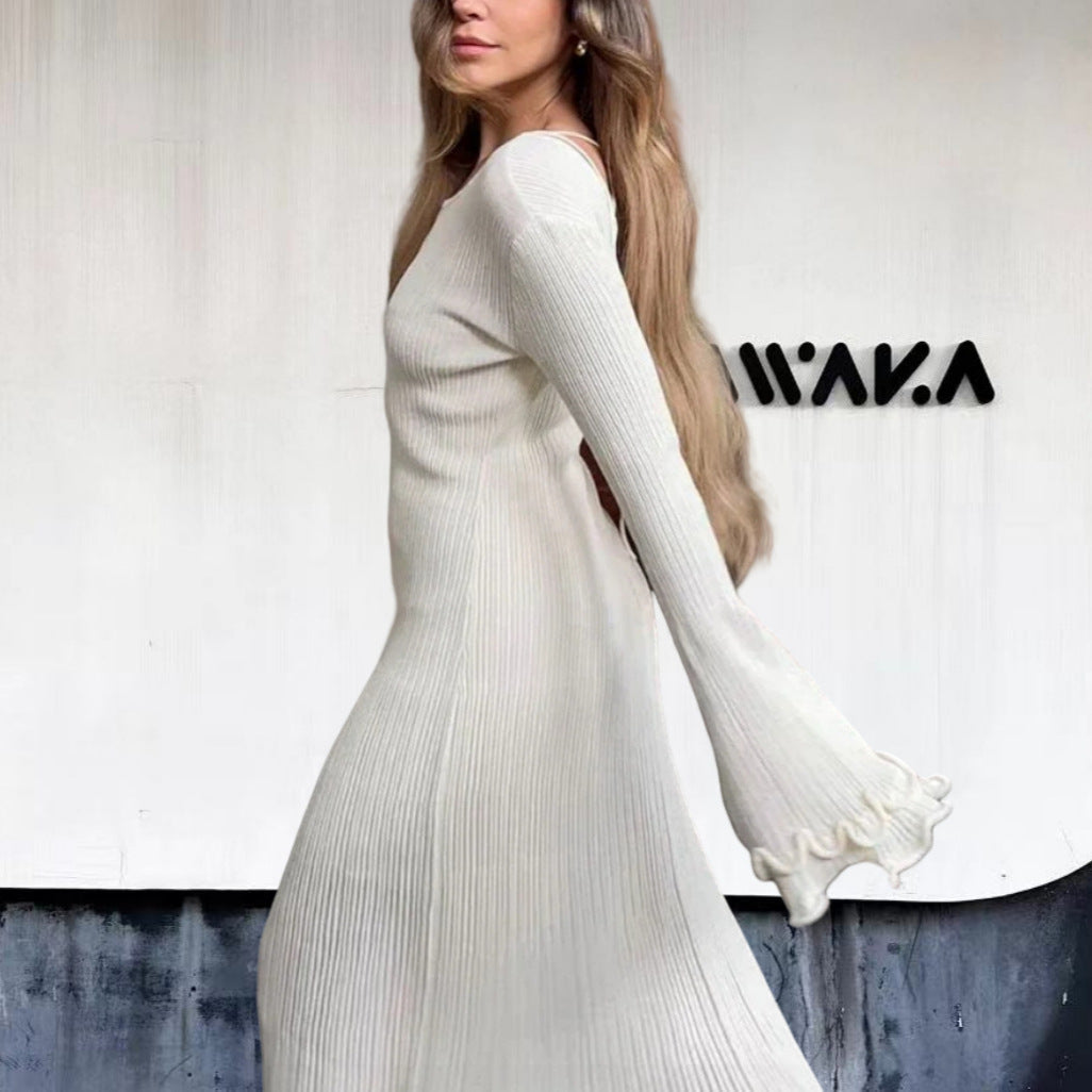 Damen Elegantes Maxikleid mit raffiniertem Rippdesign und fransigen Ärmeln R&B