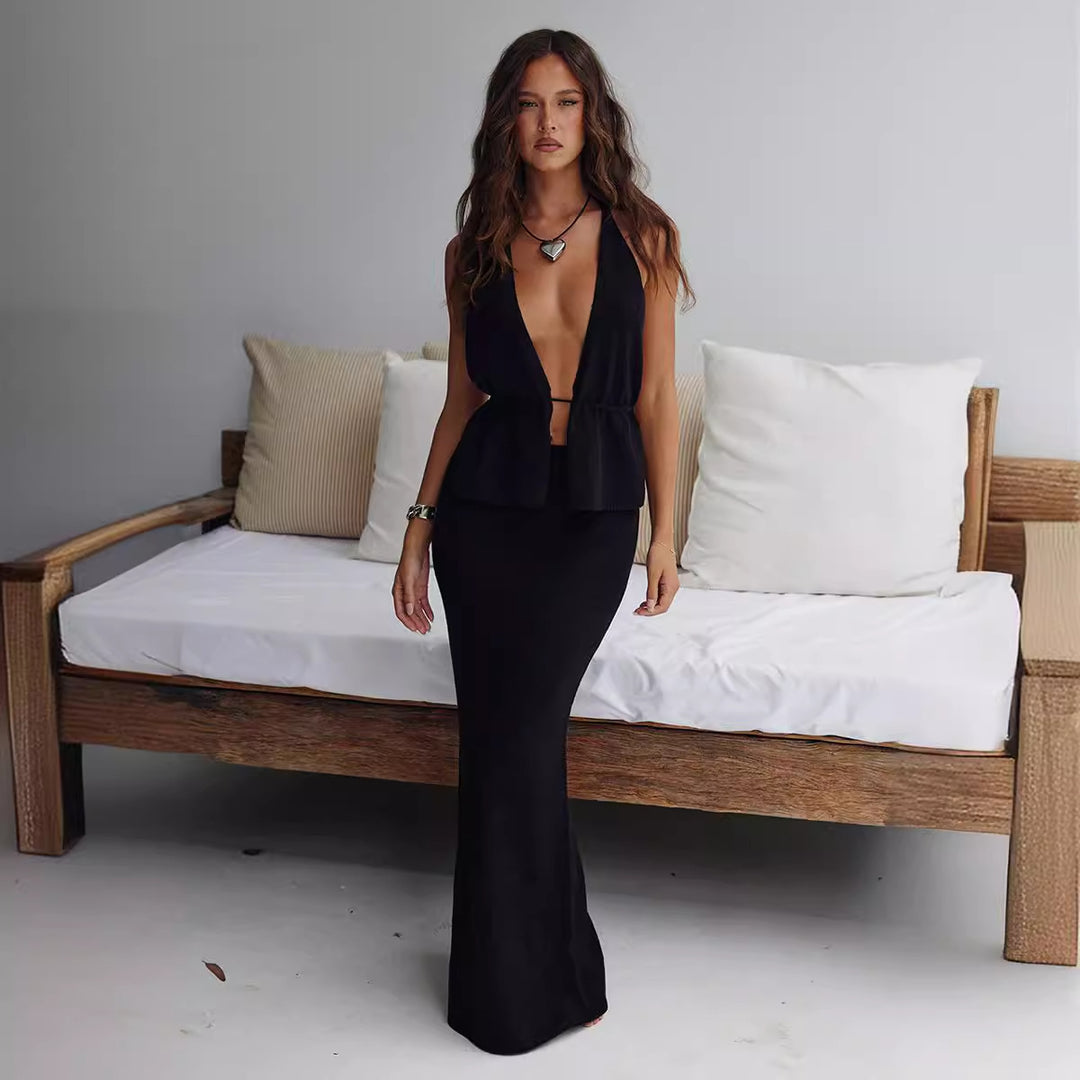 Damen elegantes Wickel-Top mit asymmetrischem Design und passendem Maxirock R&B