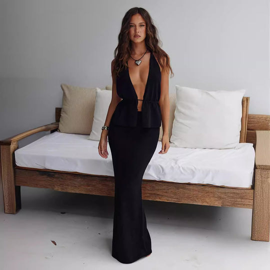Damen elegantes Wickel-Top mit asymmetrischem Design und passendem Maxirock R&B