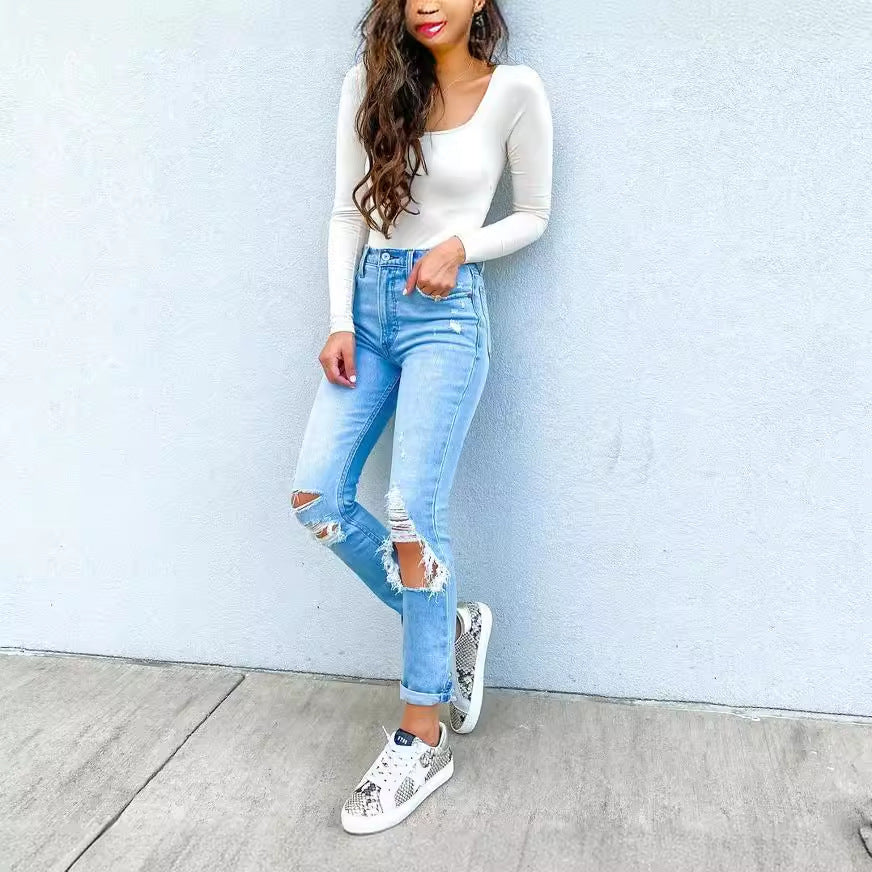 Damen Ripped Jeans mit lässigem Schnitt und hohem Bund R&B