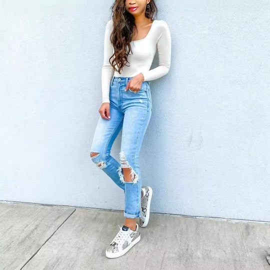 Damen Ripped Jeans mit lässigem Schnitt und hohem Bund R&B