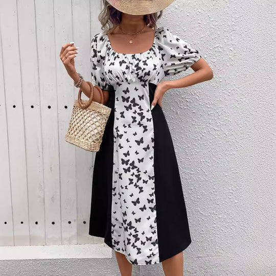 Damen Maxikleid mit Puffärmeln und Schmetterlingsmuster R&B