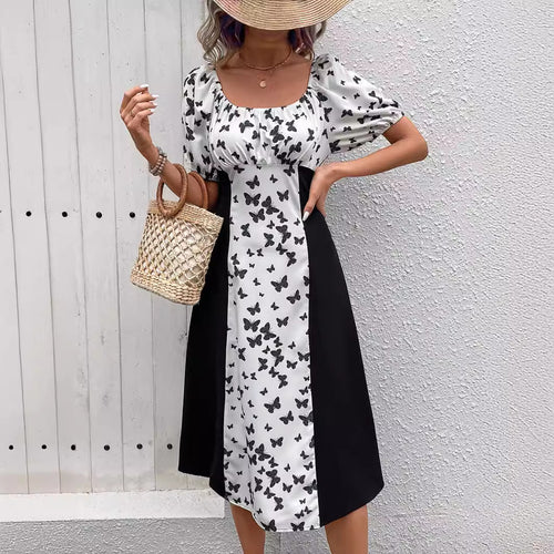 Damen Maxikleid mit Puffärmeln und Schmetterlingsmuster R&B