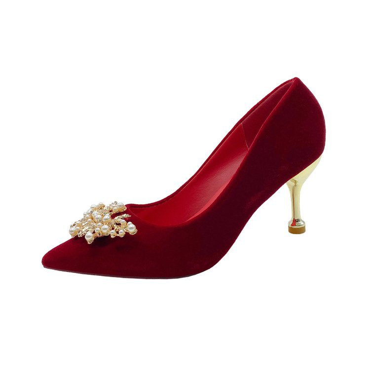 Damen elegante Velours-Pumps mit luxuriösem Perlen-Schmuckdetail R&B