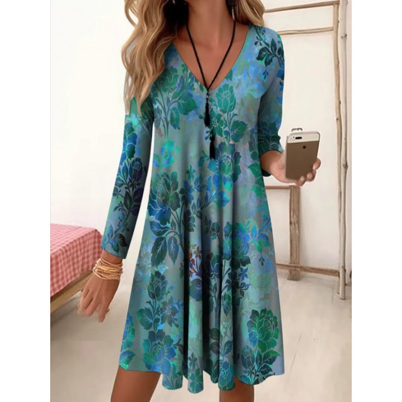 Damen V-Ausschnitt Freizeitkleid mit floraler Gestaltung und seitlichen Taschen R&B