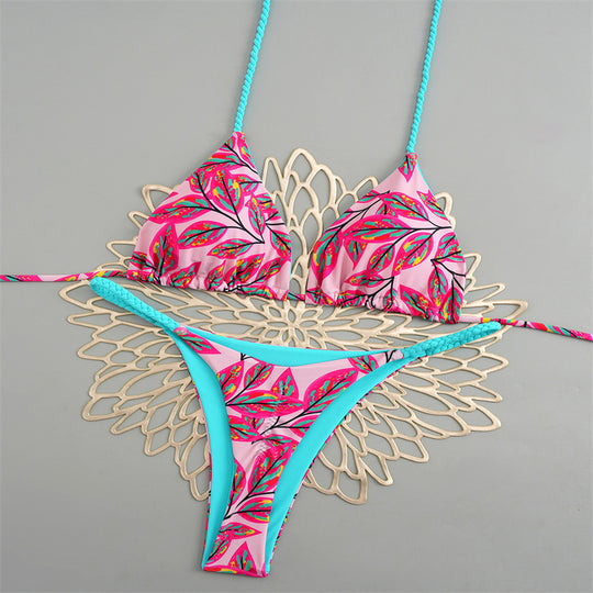 Damen Triangelbikini mit buntem Muster und verstellbaren Trägern R&B