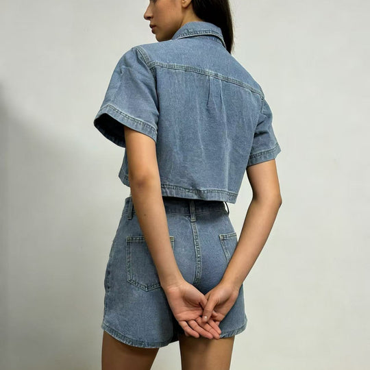 Damen modisches cropped Hemd mit aufgesetzten Taschen und lässigen Shorts R&B