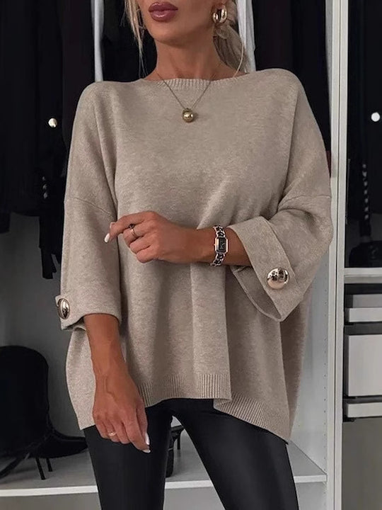 Damen lässiges Strickoberteil mit weiten Ärmeln und dekorativen Knöpfen R&B