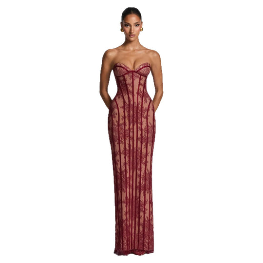 Damen figurbetontes Spitzenkleid mit Bustier-Oberteil und eleganten Details R&B