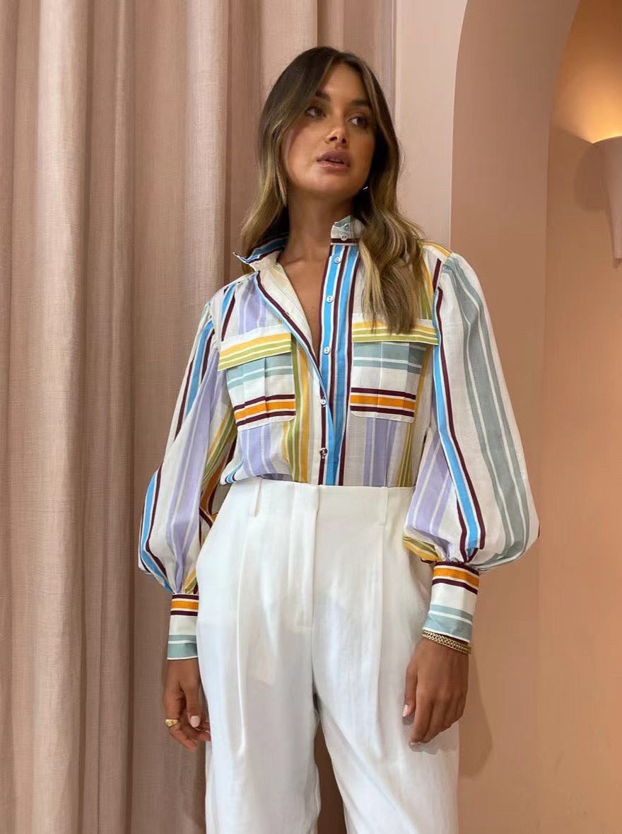 Damenbluse mit voluminösen Ärmeln und kreativen Farbdetails R&B