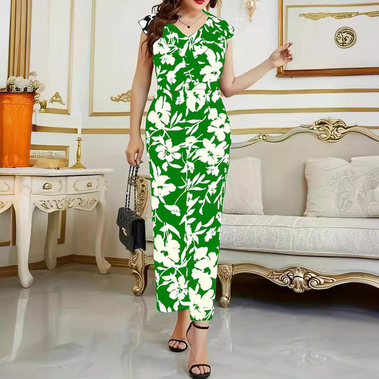 Damen Maxikleid mit floralen Akzenten und elegantem V-Ausschnitt R&B