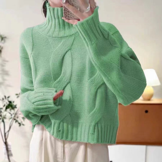 Damen Strickpullover mit hohem Kragen und Zopfmuster R&B