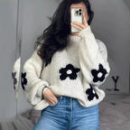 Damen Grobstrickpullover mit folkloristischen Blumenmustern und lässigem Schnitt R&B