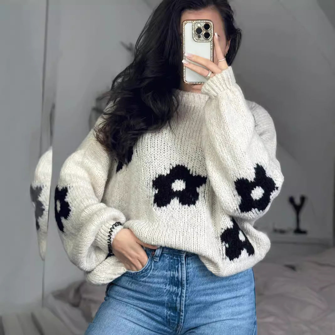 Damen Grobstrickpullover mit folkloristischen Blumenmustern und lässigem Schnitt R&B
