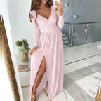 Damen elegantes Maxikleid mit tiefem V-Ausschnitt und praktischen Seitenschlitzen R&B