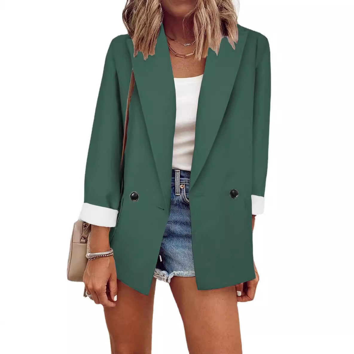 Damen modischer Blazer im Oversized-Schnitt mit tiefen Taschen und umgeschlagenen Ärmeln R&B