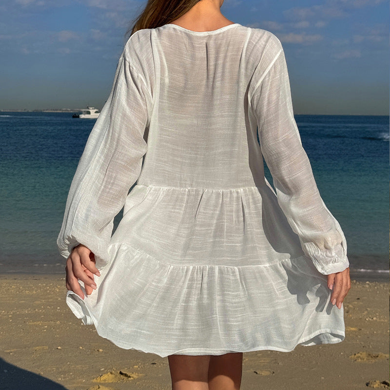 Damen luftiges Strandkleid mit Spitzenbesatz und Wasserfall-Saum R&B
