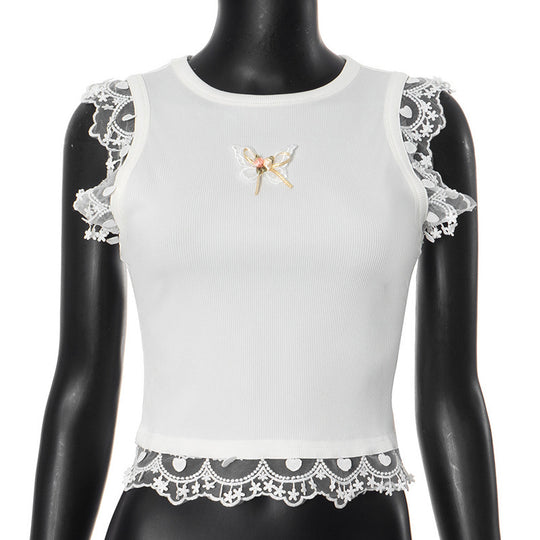 Damen zartes Crop-Top mit romantischer Spitzenkante R&B