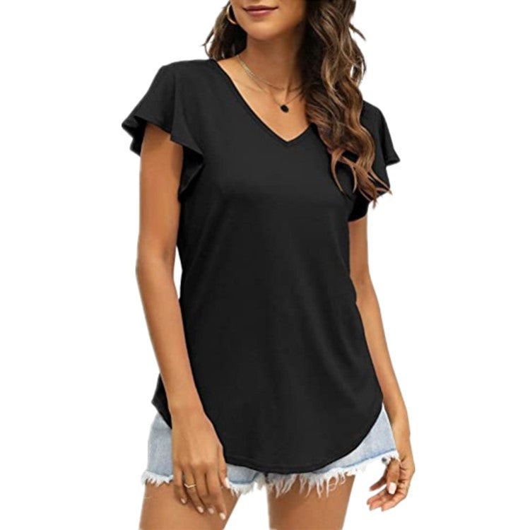 Damen V-Ausschnitt T-Shirt mit Rüschenärmeln und lässigem Schnitt R&B