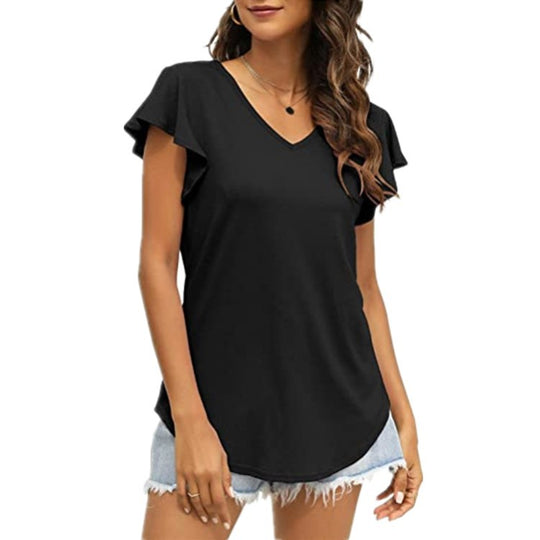 Damen V-Ausschnitt T-Shirt mit Rüschenärmeln und lässigem Schnitt R&B