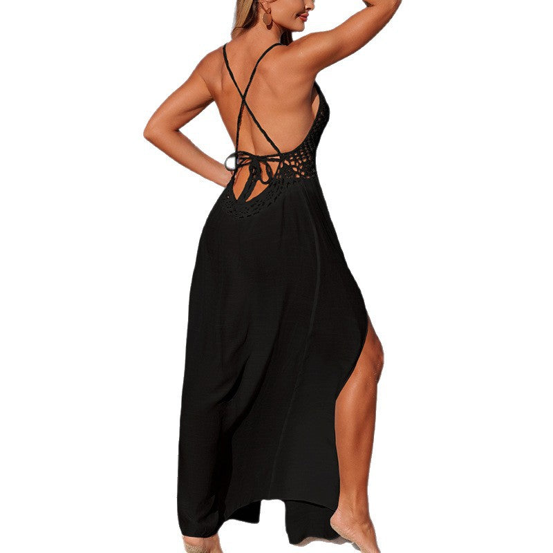Damen Maxikleid mit filigranem Häkelmuster und hohem Schlitz R&B